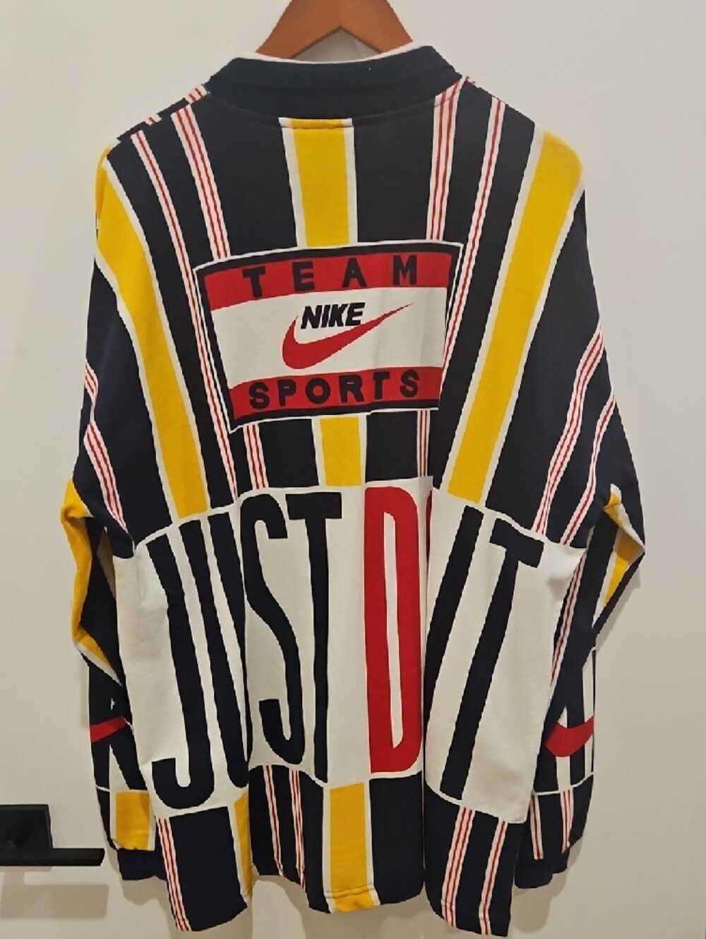 Nike Vintage Multi-Stripe Patchwork Long-Sleave Polo in Navy, Yellow, White, Red - Picture 3 of 3